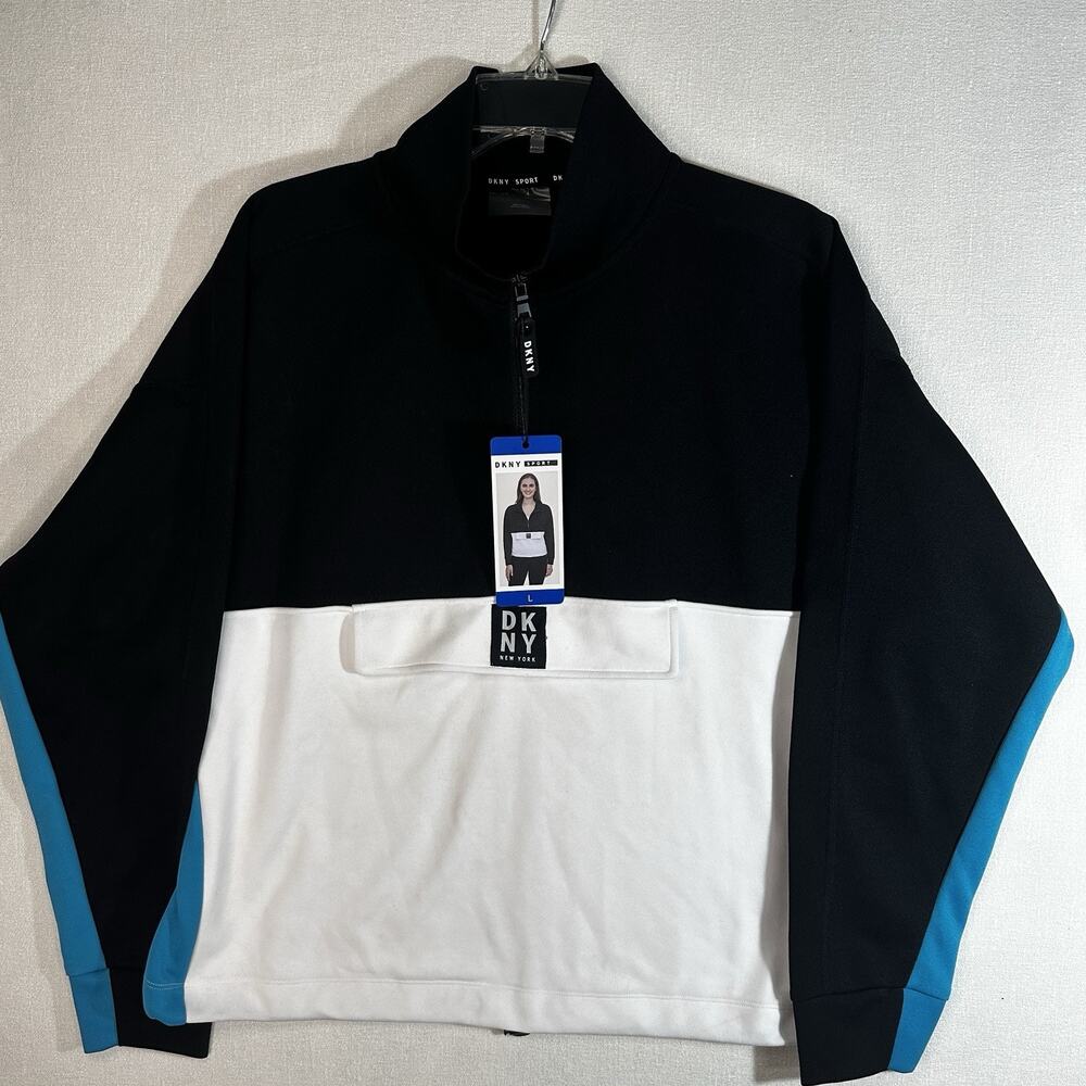DKNY Sport Black White Blue Colorblock Pullover 1/2 Zip Pocket Women's Large NWT
